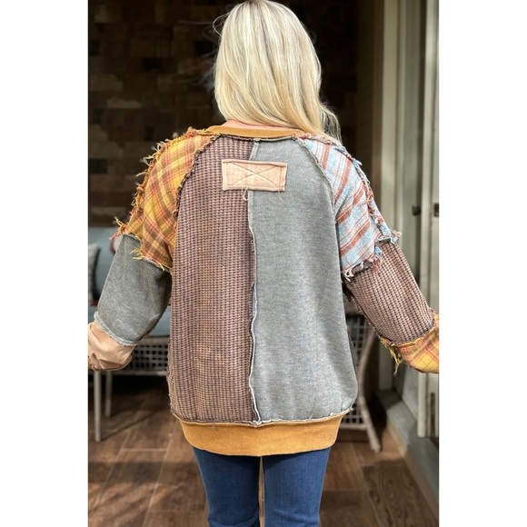 Oli & Hali Washed Mixed Fabric Plaid Pullover in Mustard Combo - Picture 12 of 14